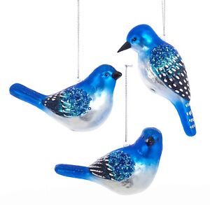 Kurt Adler Blue Birds of Happiness  Holiday Ornaments Set of 3 Glass