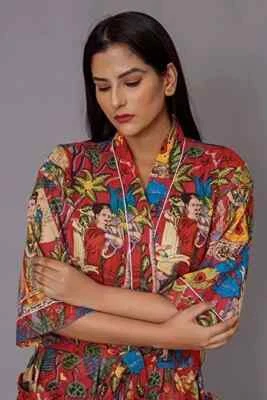 Maxi bata de baño kimono de algodón indio con estampado de animales hecha a mano kimono de noche Foto 1 de 4