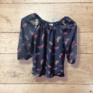 Girls Wonder Nation Butterfly Blouse Dark Blue Sheer Sleeves Size 7/8 - Picture 1 of 2