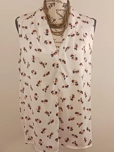 Ann Taylor Sleeveless Blouse Womens 12 White Abstract Print Draped Neck Career - Picture 1 of 7