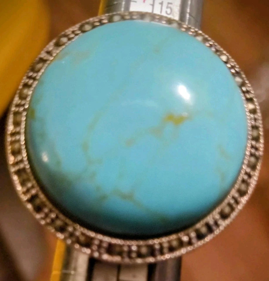 Vintage Sterling Silver Quarter Size Turquoise Flower Design Size 5 Ring - Image 1 of 4