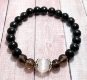 Selenite Obsidian Smoky Quartz Natural Gemstone Healing Energy Handmade Bracelet - Picture 1 of 3