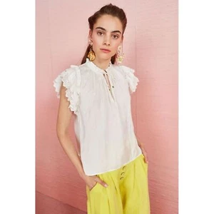 Ulla Johnson WOMENS 0 Myra Satin Pearl Embroidered Eyelet Flutter Sleeve Top - Picture 1 of 12