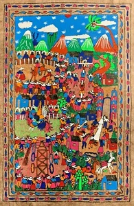 15 1/2 X 23" Mexican Tradition Folk Art Amate Bark Hanging Painting Cock Fight - Picture 1 of 3