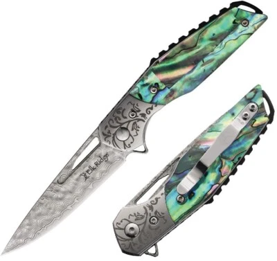 Cuchillo Plegable Elk Ridge Linerlock 3" Hoja de Acero Damasco Mango Abulón 2010DM Foto 1 de 3