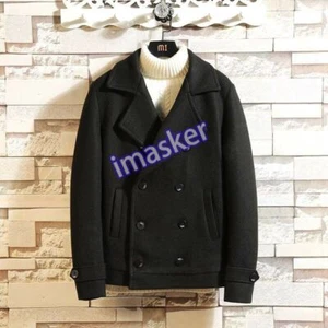 Men's Lapel Double Breasted Woolen Blend Jacket Slim Fit Peacoat Short Outwear - Picture 1 of 28