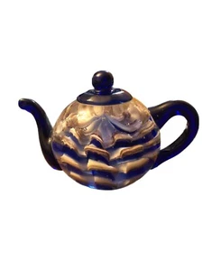 Art Glass Cobalt Blue Clear White Swirl Teapot Paperweight Sea Creature Bubbles - Picture 1 of 8