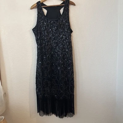 Black Dress Size XL W Paisley Sequins & Flapper Fringe, Unworn Condition. Dance! - Image 1 of 4