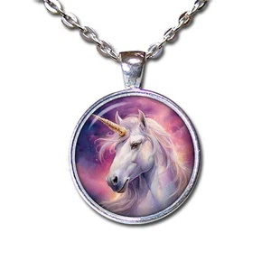Golden Horn White Mystical Unicorn - Handmade Round Glass Pendant Necklace - Picture 1 of 10