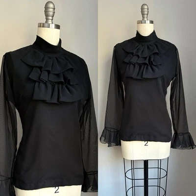 Vintage 1960’s Jet Black Ruffled Ascot Sheer Sleeve Blouse Medium - Image 1 of 4