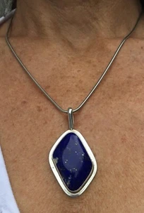 Vintage Sterling Silver Designer Signed Lapis Lazuli Large Pendant Necklace - Picture 1 of 12