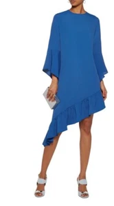 W118 BY WALTER BAKER Robin Asymmetric Ruffled Bell Sleeve Crepe Blue Dress $248 - Picture 1 of 4