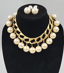 Vtg Gold Link Chain Choker Necklace w/Large Faux Pearl Dangles & ClipOn Earrings - Picture 1 of 19