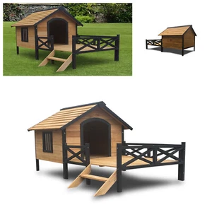 Outdoor Large Wooden Dog House Cage Waterproof Dog Kennel with Porch Deck - Picture 1 of 10