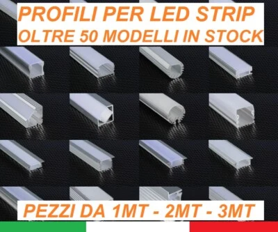 PROFILO ALLUMINIO 1m 2m 3m PER STRISCE STRIP LED BARRA RIGIDA PROFILATO - Immagine 1 di 2