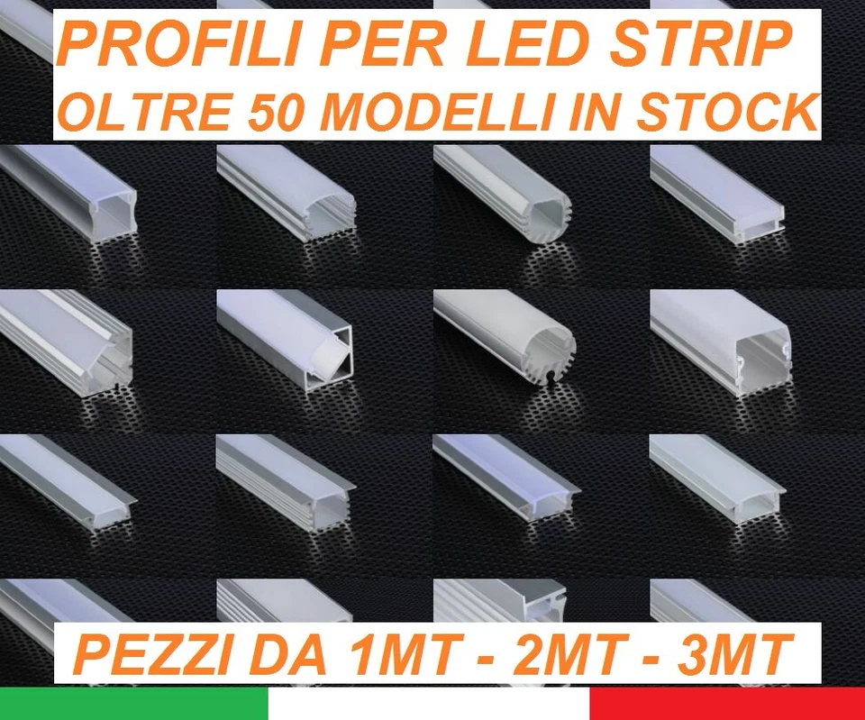 PROFILO ALLUMINIO 1m 2m 3m PER STRISCE STRIP LED BARRA RIGIDA PROFILATO - Immagine 1 di 2