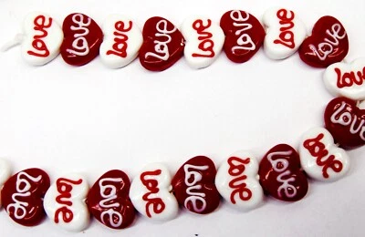 Strand Heart Beads w/ LOVE  Approx 30 beads  Red + White 20mm x 12mm Smooth back - Image 1 of 4