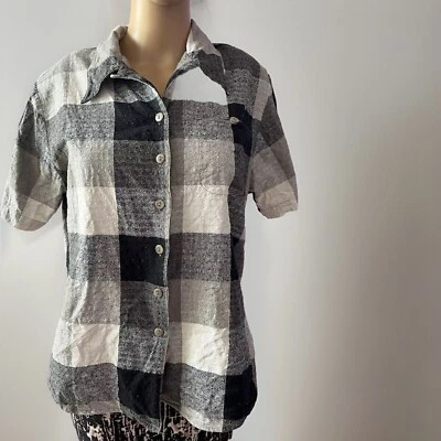VINTAGE STUNT 100% Silk Short Sleeve Shirt Women M Nubby Raw Black White Buffalo - Image 1 of 4