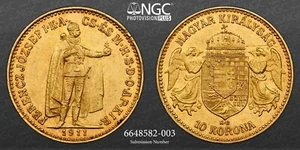 1911, Hungary, Franz Josef I. Beautiful Gold 10 Korona Coin. (3.38gm) NGC AU-58! - Picture 1 of 4