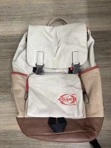 USED Coach MEN's Racer Backpack In Signature/Smooth Leather Beige/Tan/Orange - Picture 1 of 11