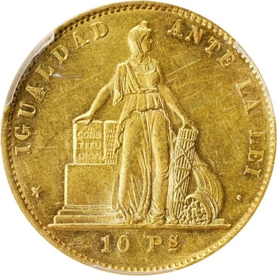 Чили золото 10 песо 1867-So PCGS MS-61, Сантьяго монетный двор. Блестящий новом состоянии! Редкий - Изображение 1 из 4
