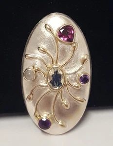 MICHOU Gemstone Sterling Silver Brooch Pendant 925 Gold Overlay Modern Signed - Picture 1 of 13