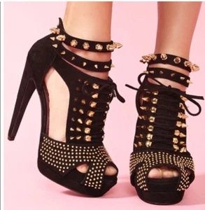 Jeffrey Campbell Tawny Suede Leather Studded High Heels Black Silver - Picture 1 of 6