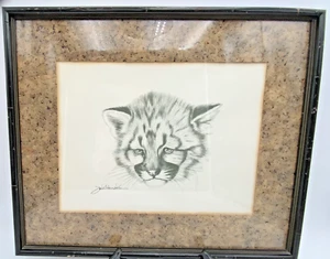 Tappetino sughero vintage originale Jack Henslee Big Cat disegnato a mano disegno a matita firmato - Foto 1 di 5