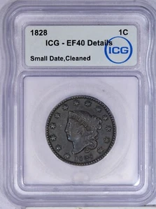 1828 Coronet Head Large Cent 1c ICG EF40 XF40 Details - Picture 1 of 2