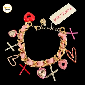 Bracciale Betsey Johnson San Valentino cuore rosa e rosso e x strass pendente nuovo con etichetta - Foto 1 di 7