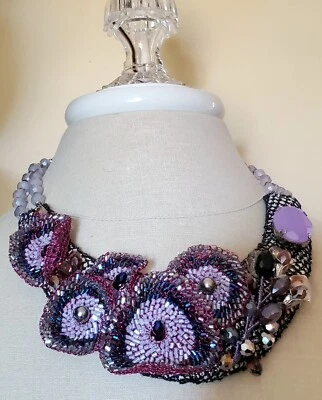 Art Custom Mixed Media Bijou Jewelry Crystal Bead Lace Statement Necklace Bib - Image 1 of 4