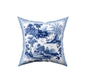 Blue Velvet Toile De jouy Print Decorative Throw Chinoiserie Cushion Cover - Picture 1 of 5