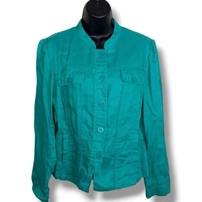 Chaqueta Coldwater Creek de lino verde azulado manga larga abotonada talla 12 Foto 1 de 4