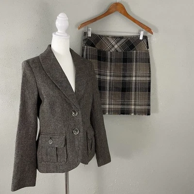 Conjunto de Traje Falda Eddie Bauer Talla 2/4 Marrón Tweed Clásico Academia Dinero Antiguo Lana Foto 1 de 4
