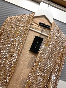 A976 ZARA KIMONO EMBROIDERED SEQUINS BEIGE BLAZER COAT JACKET SMALL - S - Picture 1 of 15