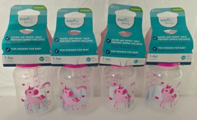 4-Pack Evenflo 1-4oz 0m+ Bottles Slow Flow Nipple Pink Pony Print BPA Free - Image 1 of 3
