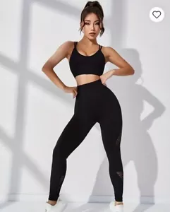 2pcs Solid Workout Top & Bottom Sports Set, Crew Neck Running Sports Bra & Hollo - Picture 1 of 5