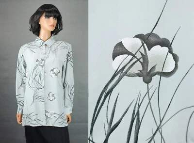Vintage Secretary Blouse Sz M 90s Liz Baker Gray Floral Long Sleeve Dress Shirt - Изображение 1 из 4
