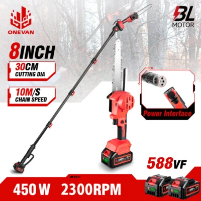 ONEVAN 20V Cordless Pole Saw 8" Mini Chainsaw 2-in-1 Tree Trimming Extension Rod