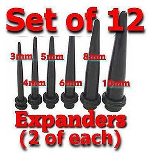 12 Ear Expanders stretchers tapers BLACK 3 4 5 6 8 10mm Body Jewellery Piercing - Picture 1 of 1