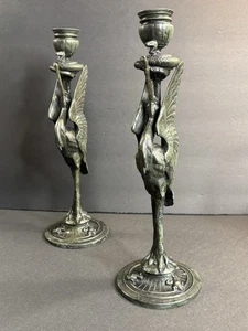 Pair Of Antique Metal Candlestick/Birds/Copra/Frog/Green Patina/France C.1920 - Picture 1 of 19