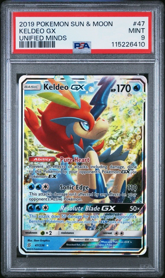 2019 POKEMON SUN & MOON UNIFIED MINDS #47 KELDEO GX PSA 9 MINT - Image 1 of 3