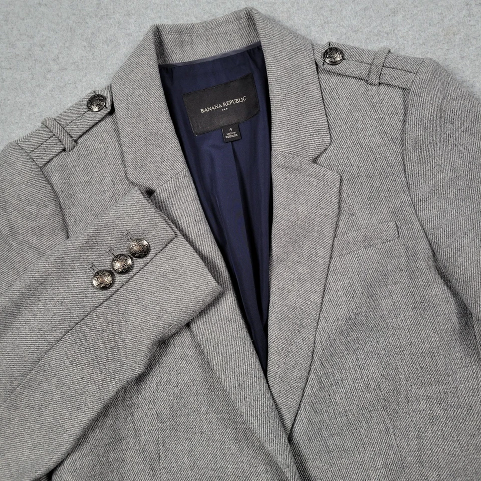 Banana Republic Military Blazer Women 4 Heather Gray Wool Suit Jacket Career - Image 1 of 4