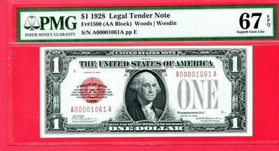 1928 $1 Legal Tender Note Fr. 1500 PMG Superb Gem 67 EPQ Low Serial A00001061A - Image 1 of 2