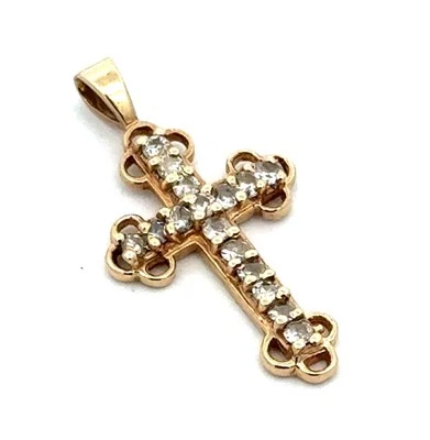 Estate 10k Yellow Gold Classic Dainty White Diamond Religious Cross Pendant - Image 1 of 4