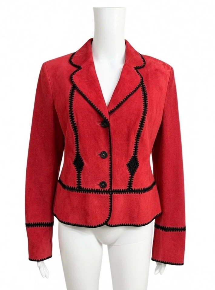 Blazer Escada Goat jaqueta de couro camurça 40 EUA 8 vermelho preto ponto chicote botão - Imagem 1 de 4