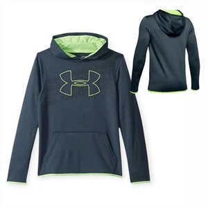 UNDER ARMOUR Boys Armour Fleece Logo Hoodie Dark Grey/Lime Size XS (6X-7) NEW - Picture 1 of 12