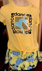 NWT JUSTICE GIRLS DANCE LADDER TEE & Floral Yellow Green Running Shorts Size 7 - Picture 1 of 9