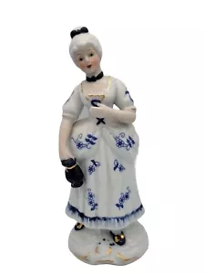 Statua statuina donna vittoriana in abito blu oro bianco porcellana vintage - Foto 1 di 6