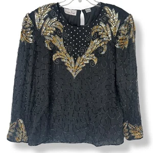 Vintage Deadstock Laurence Kazar Sequin Silk Top Size 2X Beaded Glam Party Artsy - Picture 1 of 13